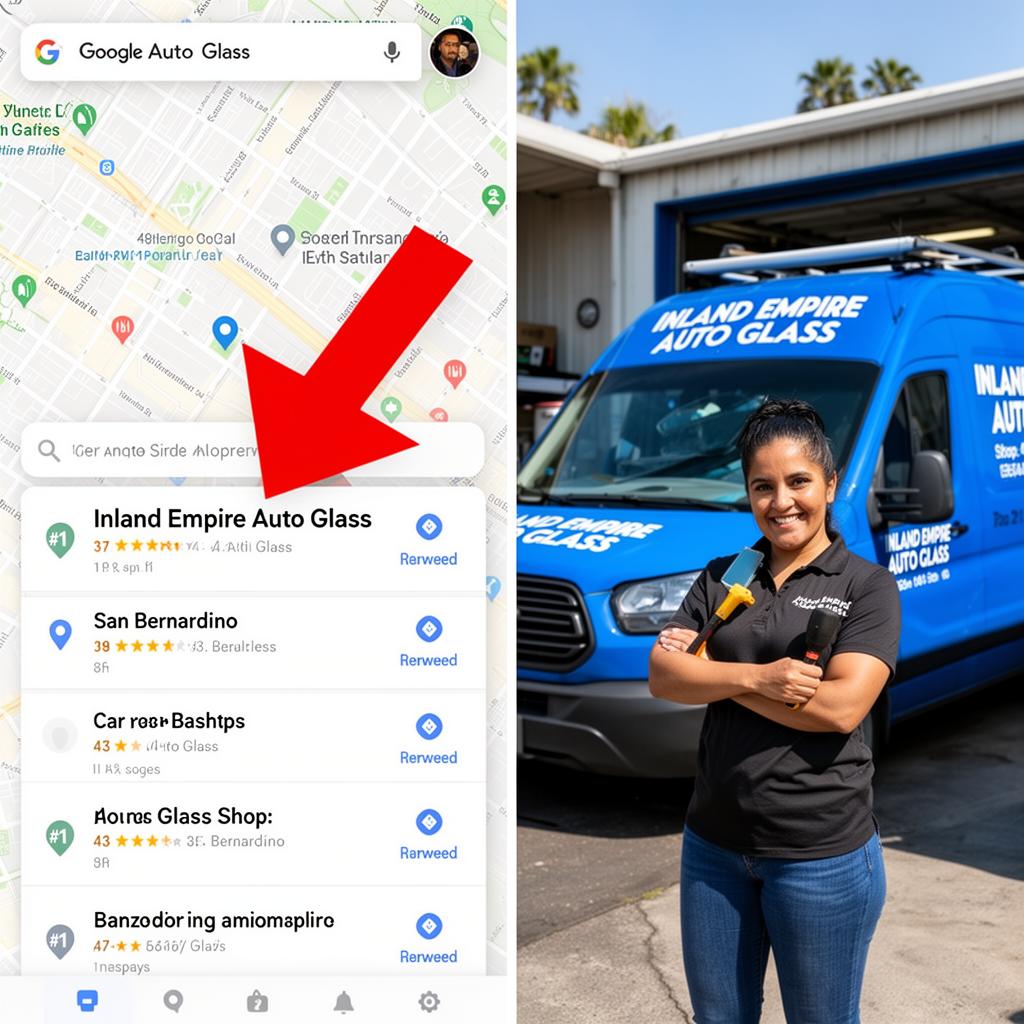 Google Maps showing Inland Empire Auto Glass ranked #1 in San Bernardino, CA with owner standing in front of company truck