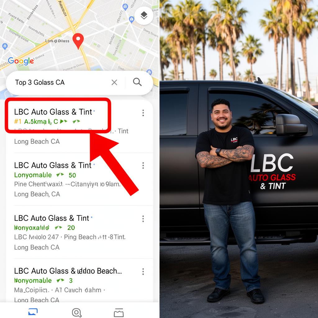 Google Maps showing LBC Auto Glass & Tint ranked #1 in Long Beach, CA with owner standing in front of company truck