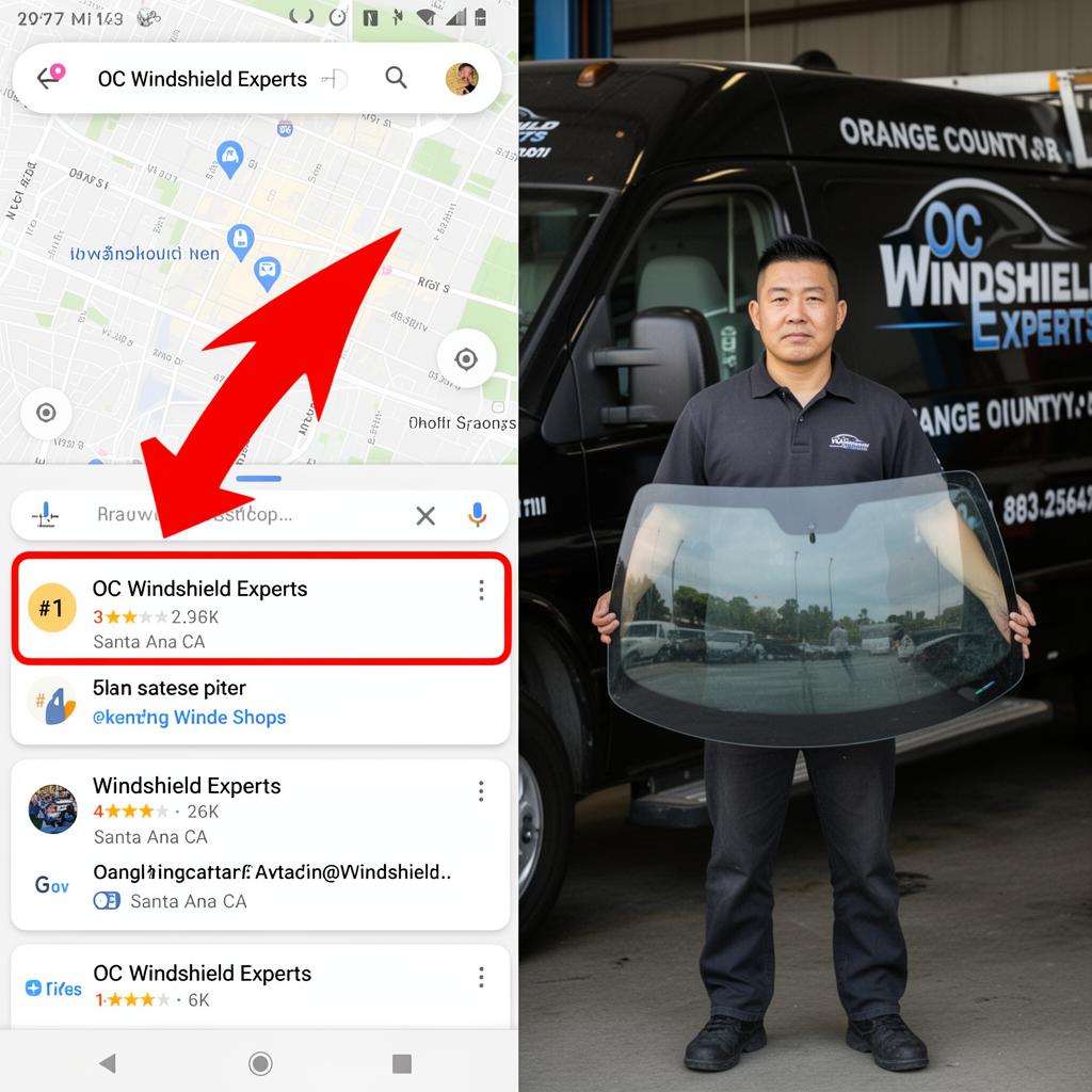 Google Maps showing OC Windshield Experts ranked #1 in Santa Ana, CA with owner standing in front of company truck