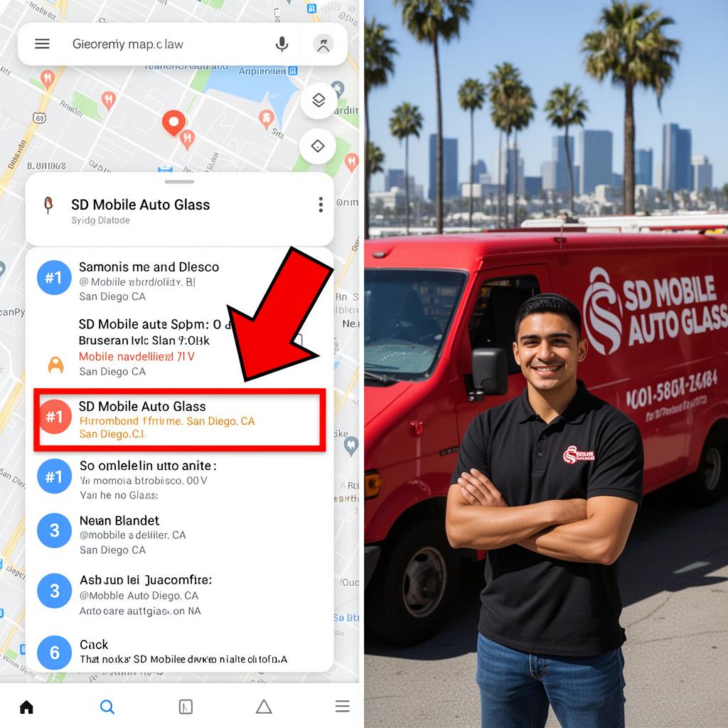 Google Maps showing SD Mobile Auto Glass ranked #1 in San Diego, CA with owner standing in front of company truck