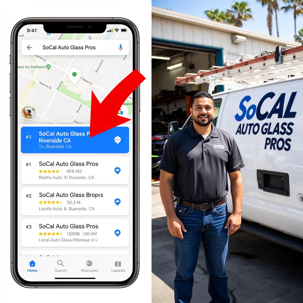 Google Maps showing SoCal Auto Glass Pros ranked #1 in Riverside, CA with owner standing in front of company truck