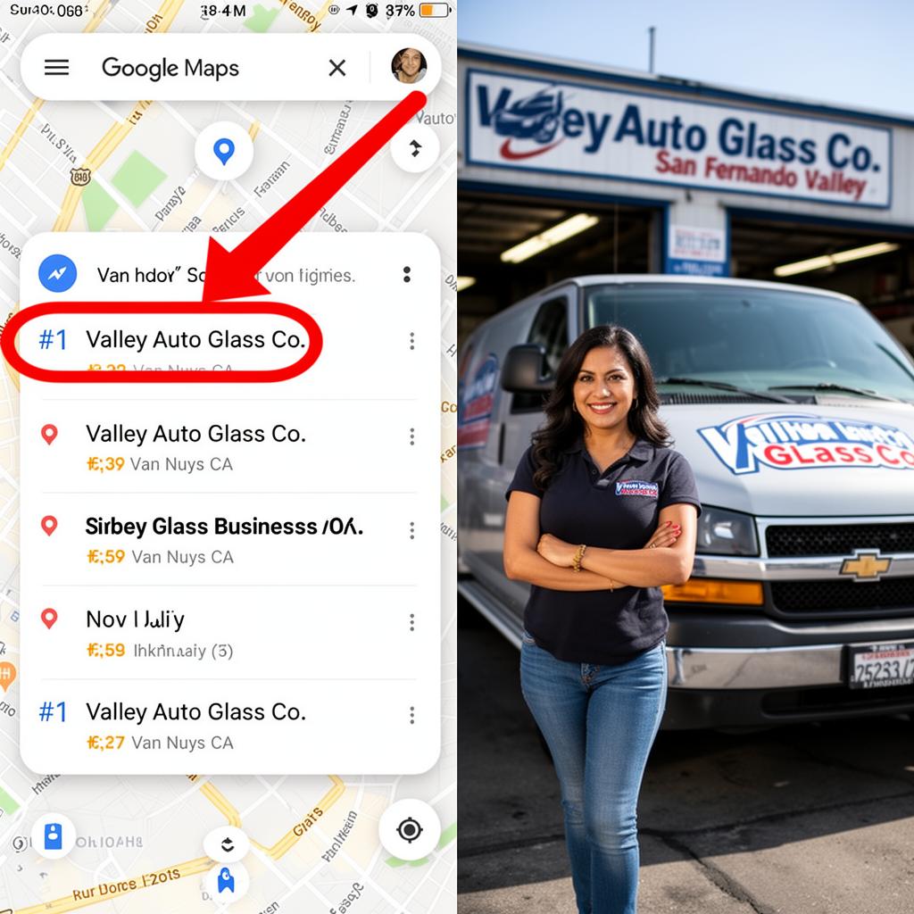 Google Maps showing Valley Auto Glass Co. ranked #1 in Van Nuys, CA with owner standing in front of company truck